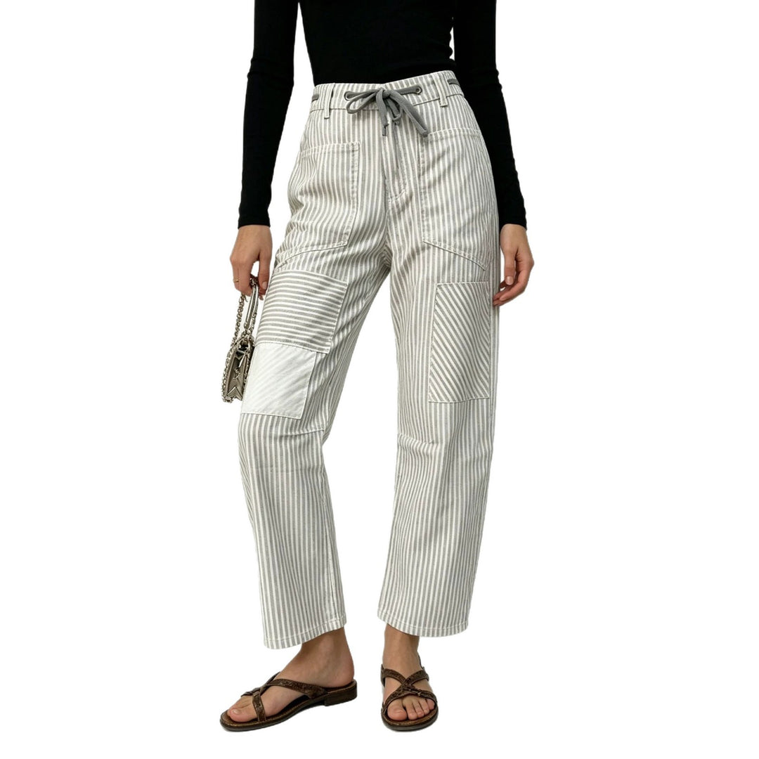 Damen nan High‑Waist Relaxed‑Hose mit vertikalem Streifenmuster, aufgesetzten Knie‑Patches und Kordelzug Drune