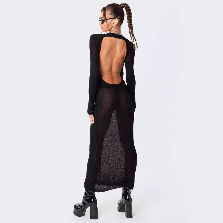 Damen elegantes Strick-Maxikleid mit Schnittdetails und stilvollem Ärmel Drune