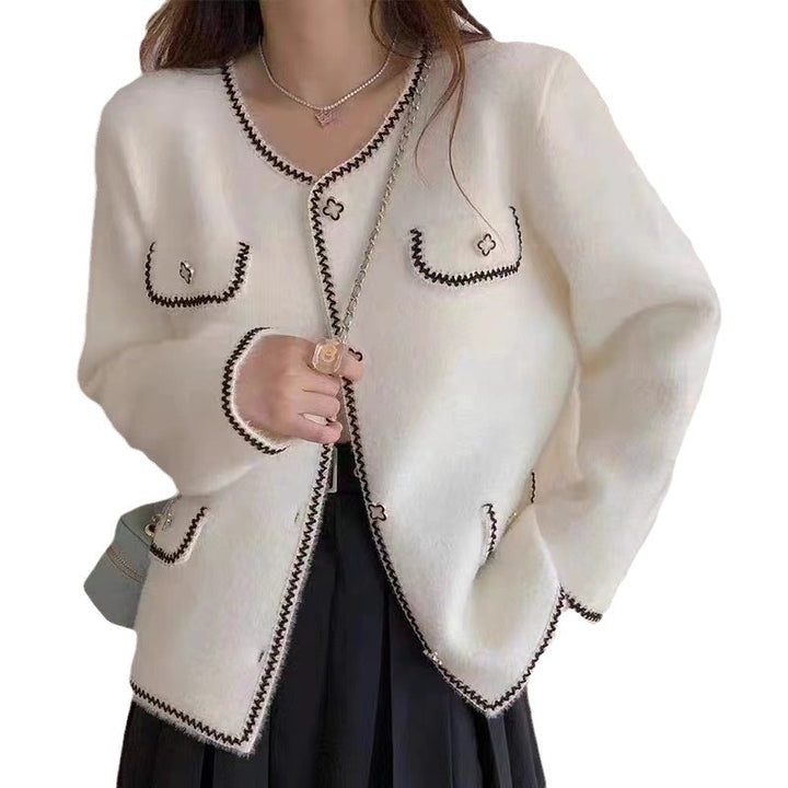 Damen elegante Strickjacke mit Kontrastnähten und Taschen Drune