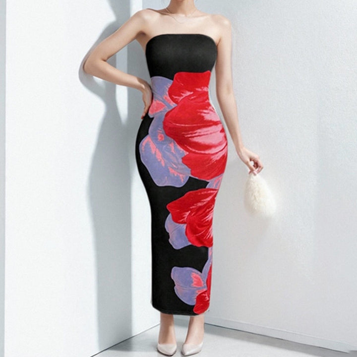 Damen Etui Maxikleid mit schulterfreiem Design und floralem Druck Drune