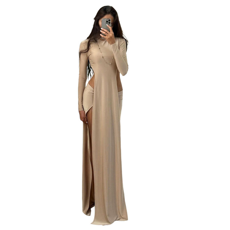 Damen Elegantes Maxikleid mit raffinierten Seitenschlitzen und langen Ärmeln Drune