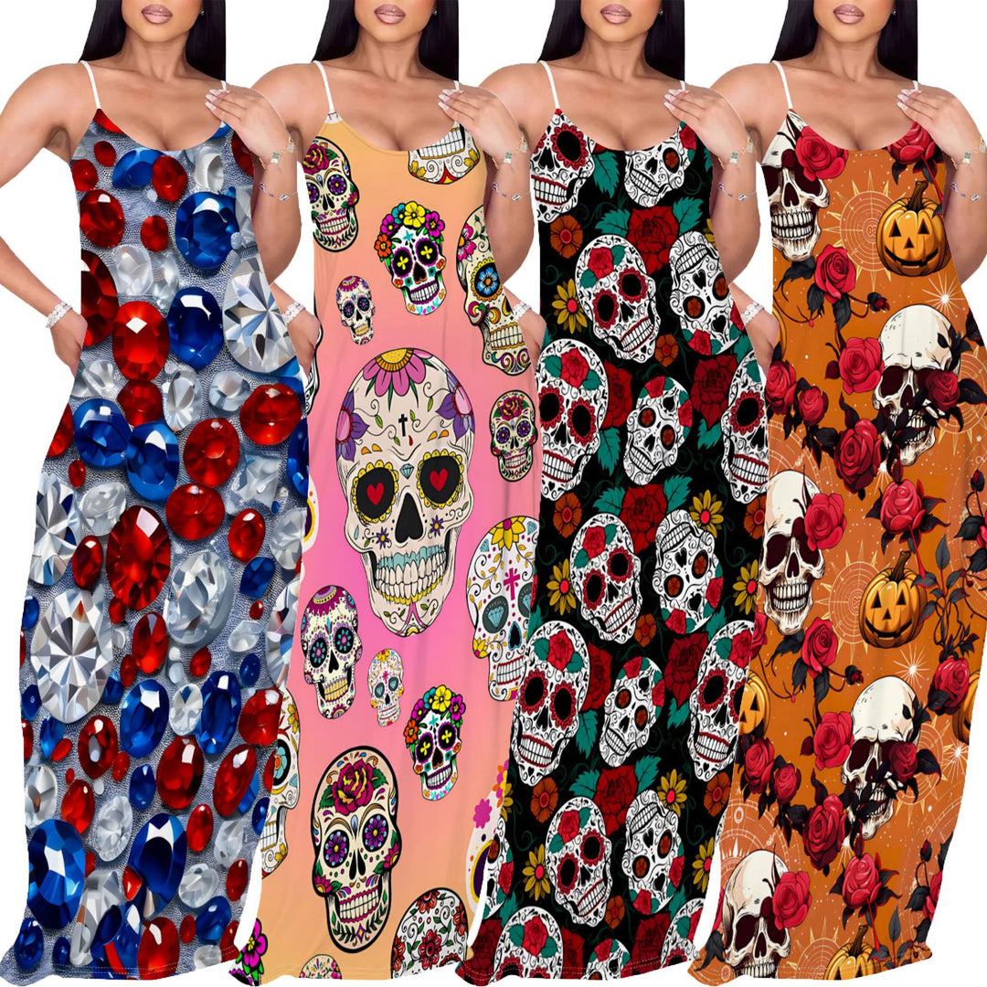 Damen Maxikleid mit künstlerischem Halloween-Motiv und umwerfendem Rosenprint Drune