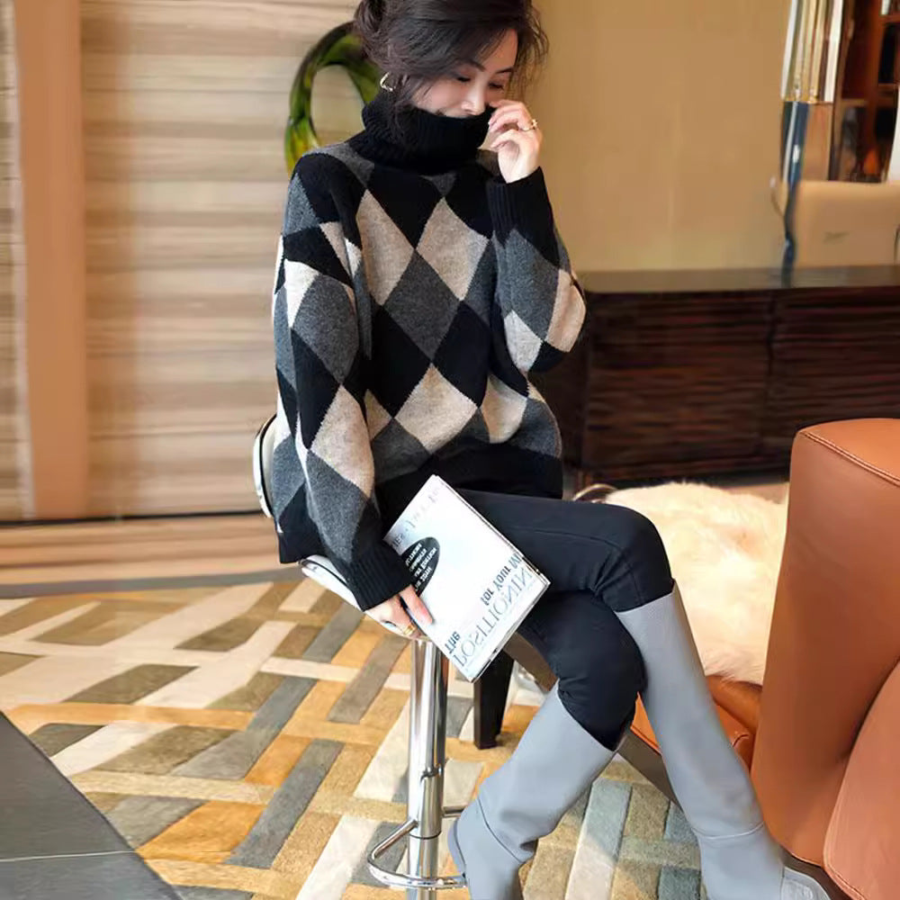 Damen Grobstrickpullover mit modernem Rautenmuster und hohem Kragen Drune