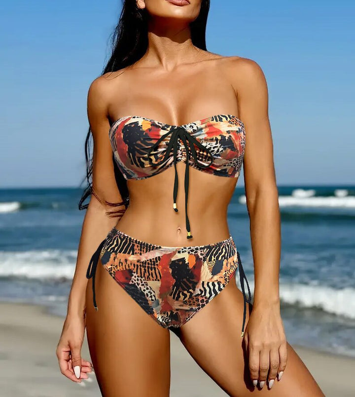 Damen Bandeau-Bikini mit verstellbaren Trägern und animalischem Muster Drune