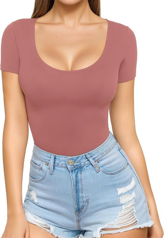 Damen figurbetontes Kurzarm-Body mit rundem Ausschnitt und nahtlosem Design Drune