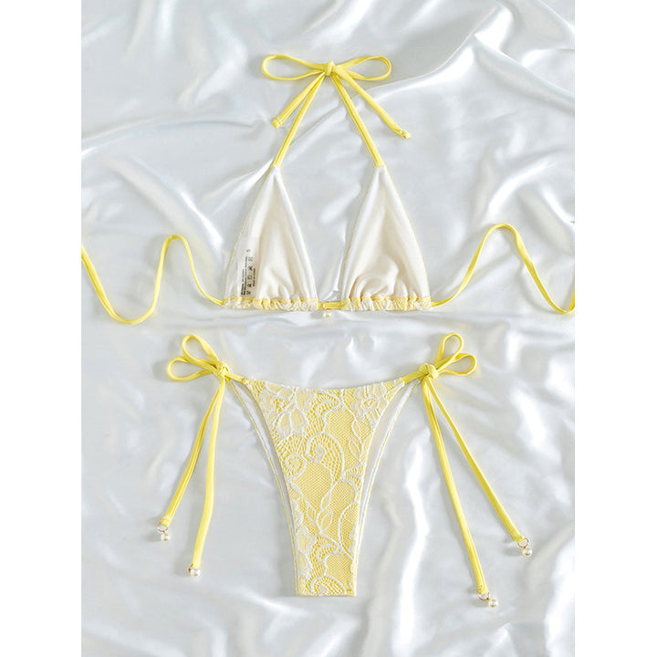 Damen Triangel-Bikini mit feinem Spitzenmuster und verspieltem Schleifendetail Drune