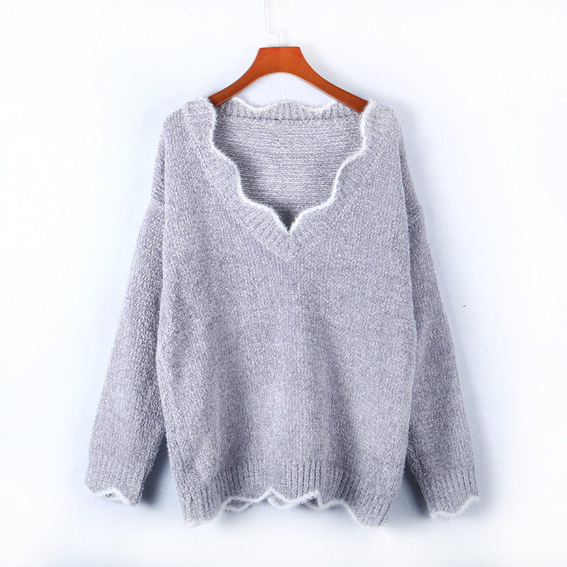 Damen lässiger Strickpullover mit V-Ausschnitt und strukturiertem Gewebe Drune