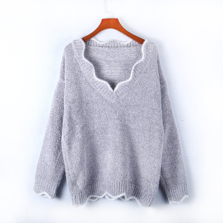 Damen lässiger Strickpullover mit weitem V-Ausschnitt und asymmetrischem Saum Drune