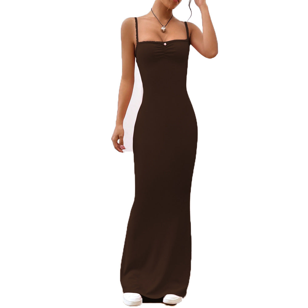 Damen Maxikleid mit verstellbaren Spaghettiträgern und dekorativen Raffungen Drune