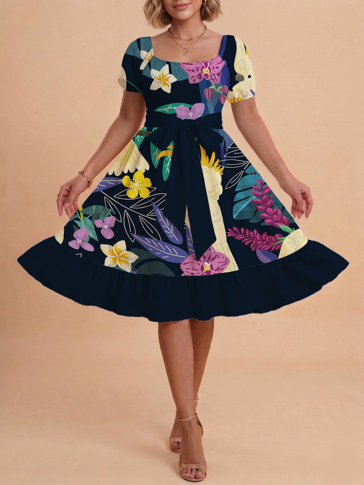 Damen A-Linien-Kleid mit floralen Motiven und taillierbarem Gürtel Drune
