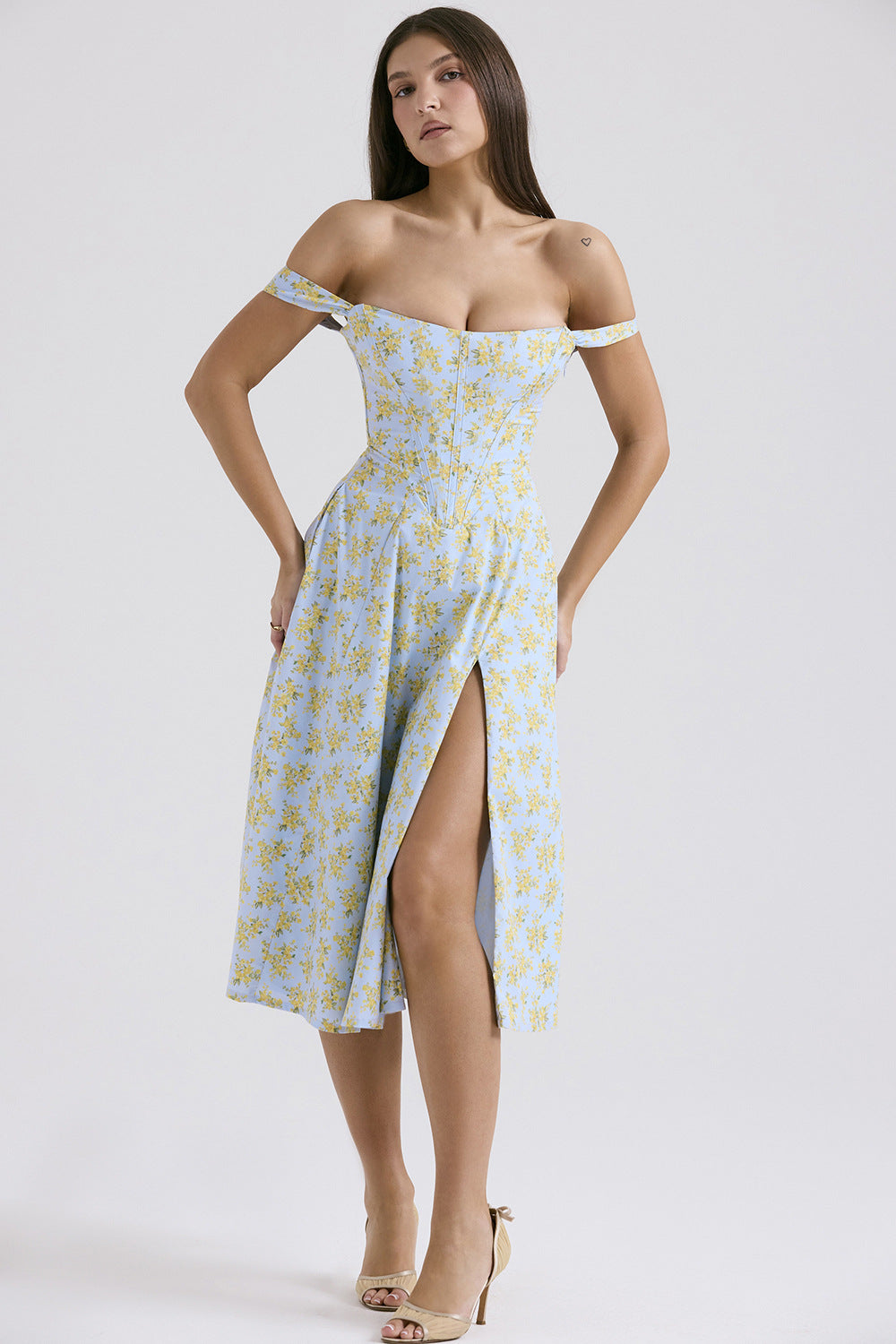 Damen Maxikleid mit schulterfreiem Design und floralem Muster Drune