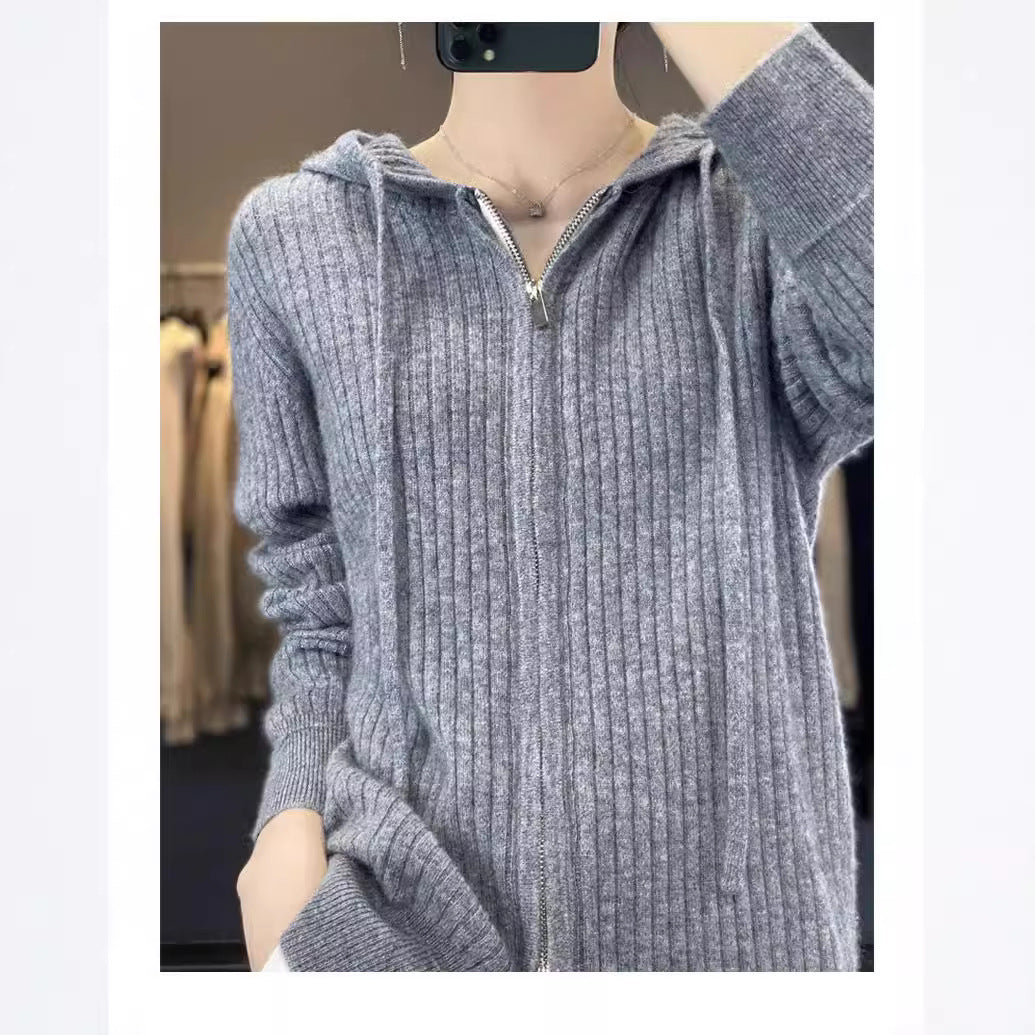 Damen Strickpullover mit Kapuze und Reißverschluss Drune