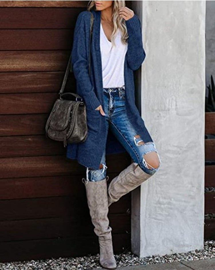 Damen lässiger Strickcardigan mit tiefen Taschen und offenem Design Drune