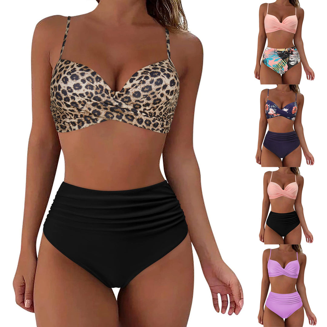 Damen Hochtailliertes Bikini-Set mit floralem Oberteil und gerafftem Höschen Drune
