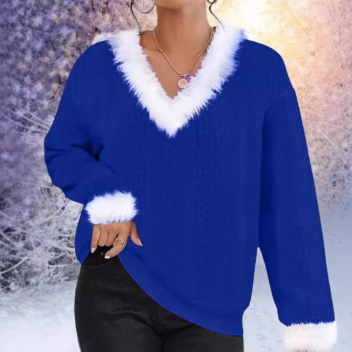 Damen Strickpullover mit V-Ausschnitt und kontrastierendem Pelzbesatz Drune