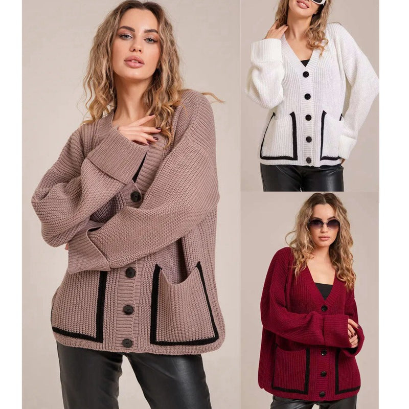 Damen Strickjacke mit knöpfbarem Design und Taschen Drune
