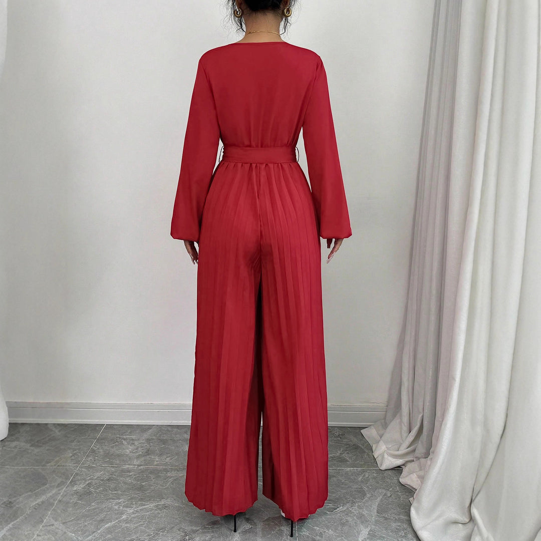 Damen Eleganter Jumpsuit mit taillierbarem Gürtel und plissiertem Schnitt Drune