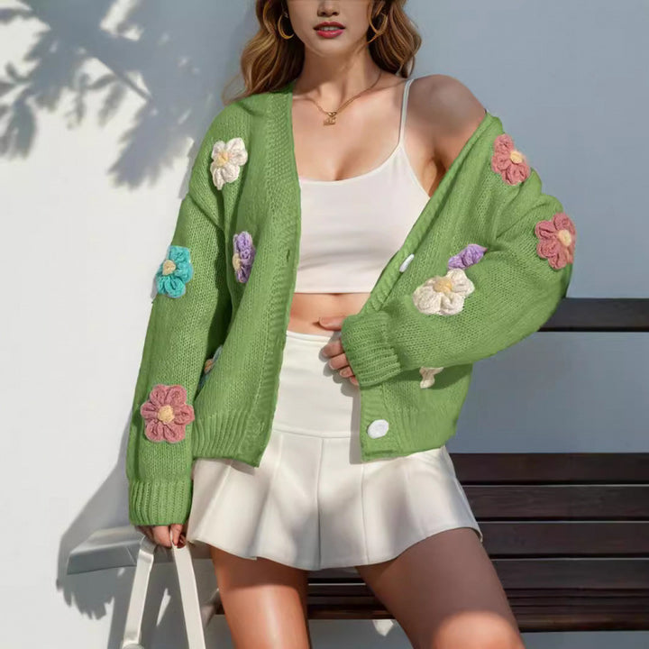 Damen Strickjacke mit floralen Applikationen Drune