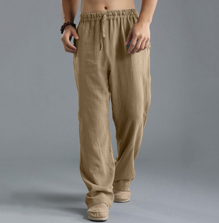Herren nan lässige Leinenhose mit elastischem Bund, Kordelzug und geradem Bein Drune