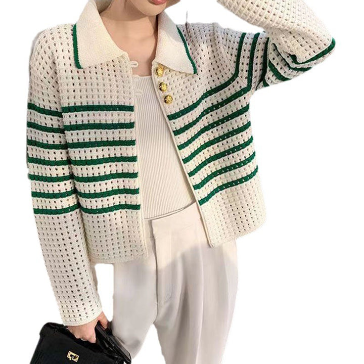 Damen modische Strickjacke mit dekorativen Knöpfen und Streifenmuster Drune