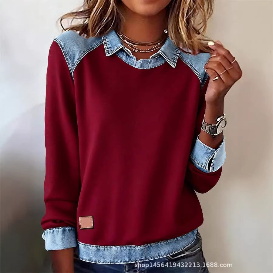 Damen nan gerippter Strickpullover mit Jeanskragen und Knopfleiste Drune