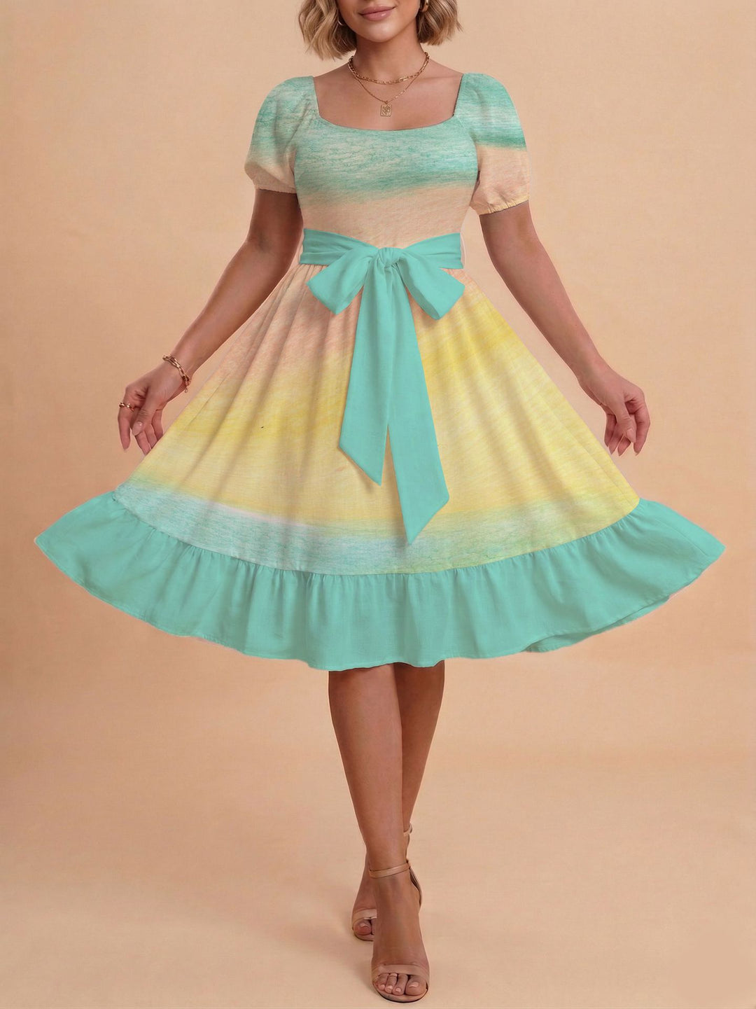 Damen Retro Maxikleid mit Puffärmeln und Taillengürtel Drune