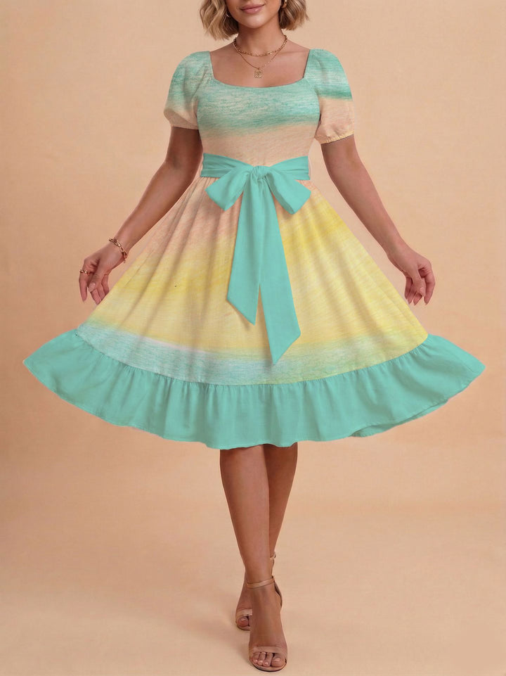 Damen Retro Maxikleid mit Puffärmeln und Taillengürtel Drune