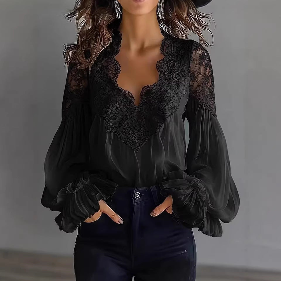 Damen elegante Spitzenbluse mit voluminösen Ärmelabschlüssen und floralen Akzenten Drune