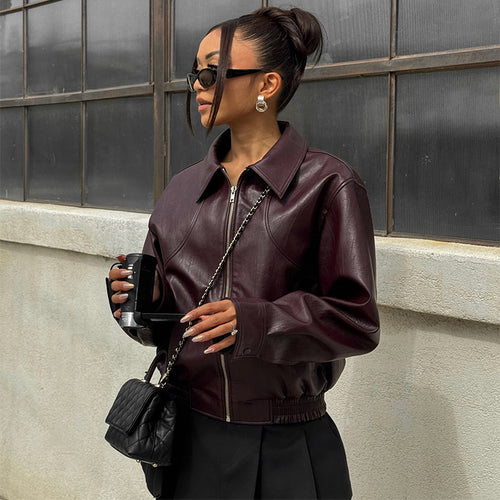 Damen Modische Kunstlederjacke mit elastischem Bund Drune