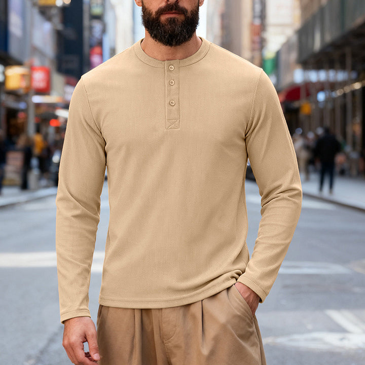 Herren nan Thermo-Henley-Langarmshirt mit Waffelstruktur, Rundhalsausschnitt und Knopfleiste Drune