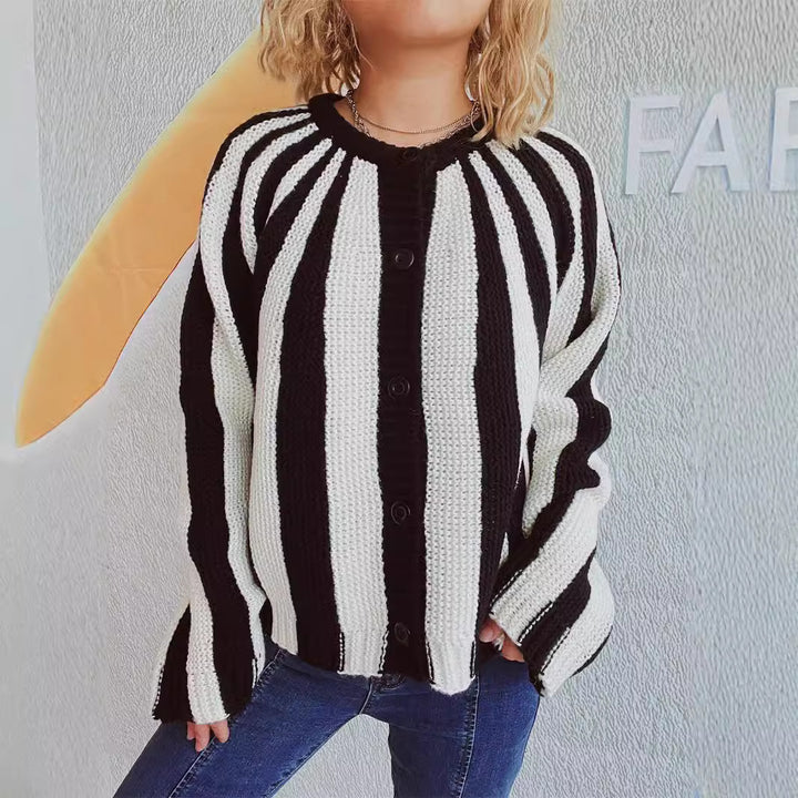 Damen modische Strickjacke mit vertikalen Blockstreifen Drune
