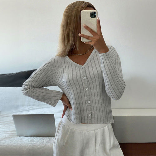 Damen Strickoberteil mit feinen Rippstrukturen und eleganter Knopfleiste Drune