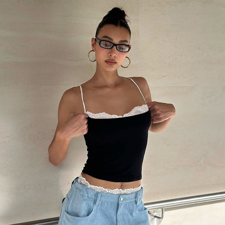 Damen Crop-Top mit zartem Spitzenrand und schmalen Trägern Drune