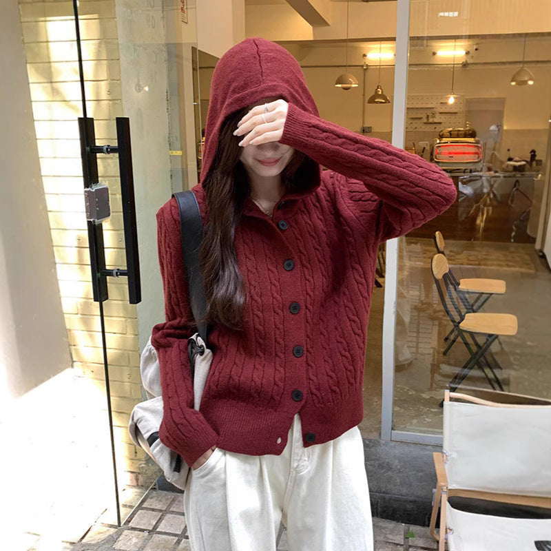 Damen Strickjacke mit Kapuze und dekorativem Zopfdesign Drune