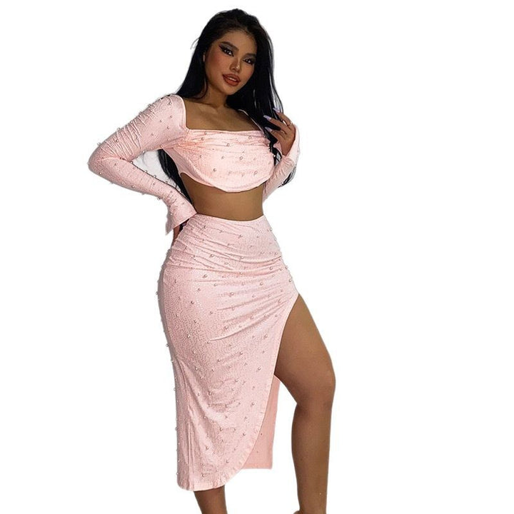 Damen Elegantes Crop-Top mit langen, transparenten Ärmeln und funkelnden Akzenten Drune