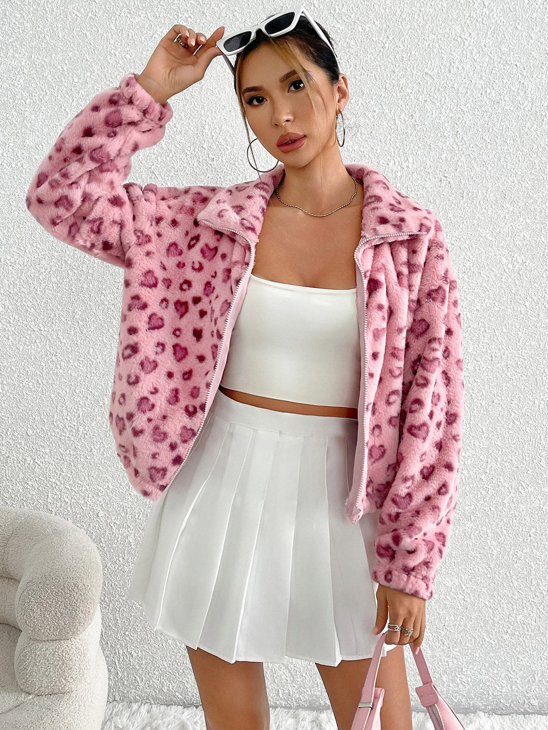 Drune | Kunstpelzjacke - Herzdruckdesign - Weiche Polyester-Mischung - Trendige Freizeitoberbekleidung
