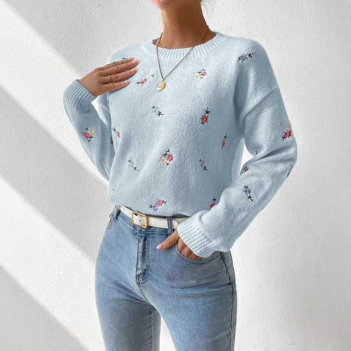 Damen Feinstrickpullover mit floralem Stickdesign und Rundhalsausschnitt Drune