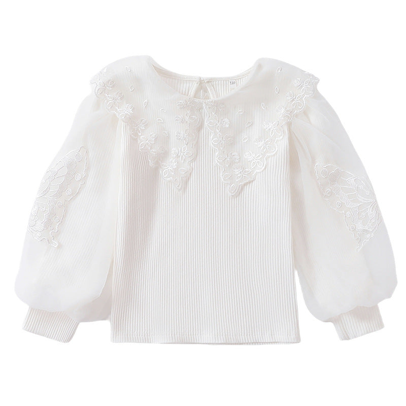 Mädchen Bluse mit luftigen Tüllärmeln und zarter Blumenbestickung Drune