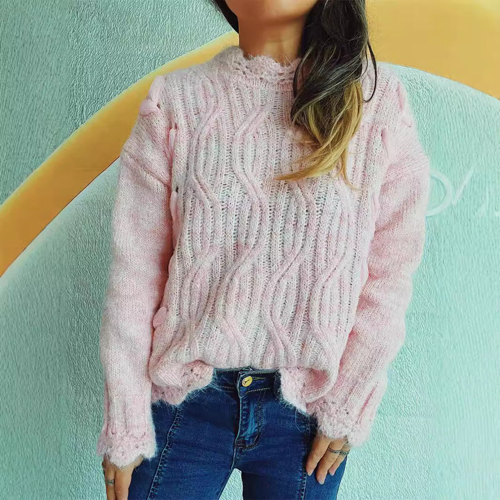 Damen Grobstrickpullover mit modischem Zopfmuster und einzigartigen Schneeflocken-Applikationen Drune