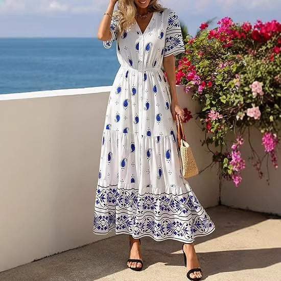 Damen Boho Maxikleid mit floralen Prints und Taillengürtel Drune