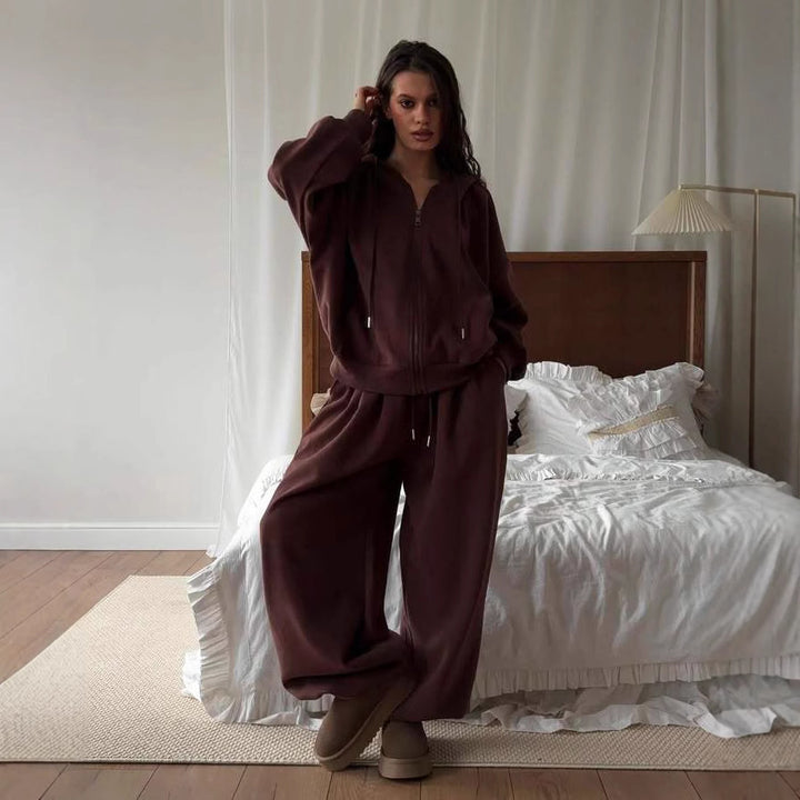 Damen nan weites Lounge-Set mit Zip-Hoodie, Kängurutasche und extraweiter Highwaist-Jogginghose Drune