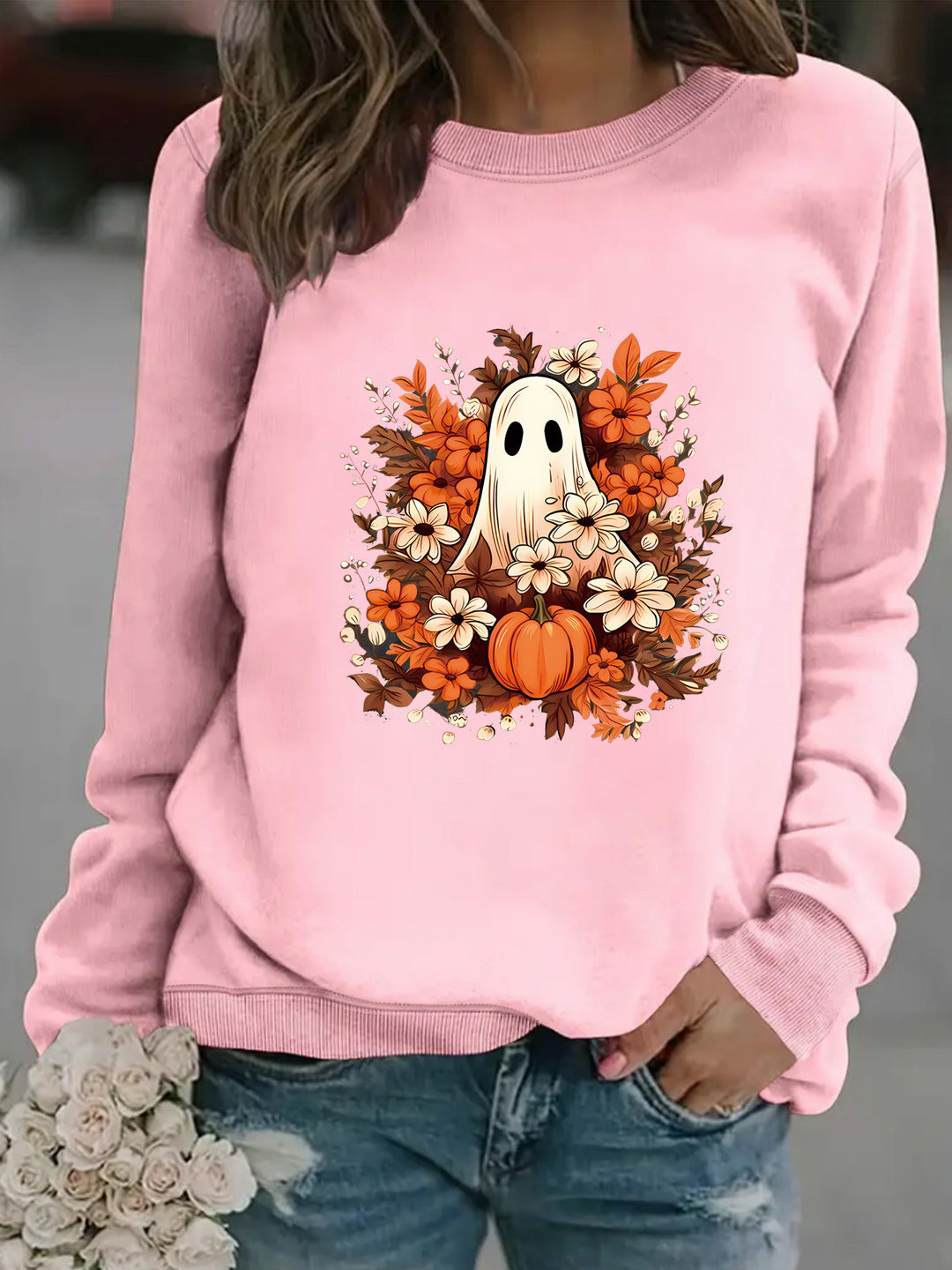 Damen Sweatshirt mit verspielt gruseligem Herbstmotiv Drune
