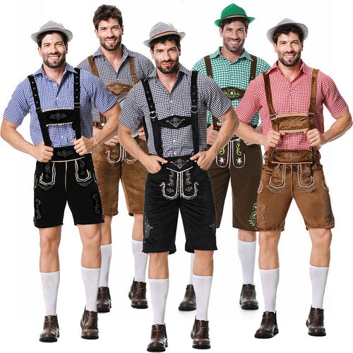 Herren nan traditionelle Trachtenlederhose mit bestickten Hosenträgern, kariertem Trachtenhemd und Filzhut Drune