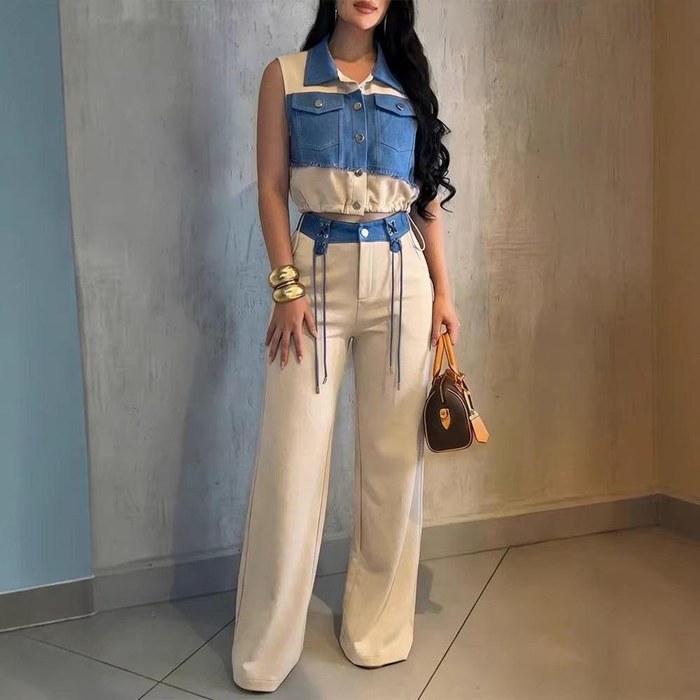 Damen Modischer Overall mit Denim-Design und Stylish-Bund Drune