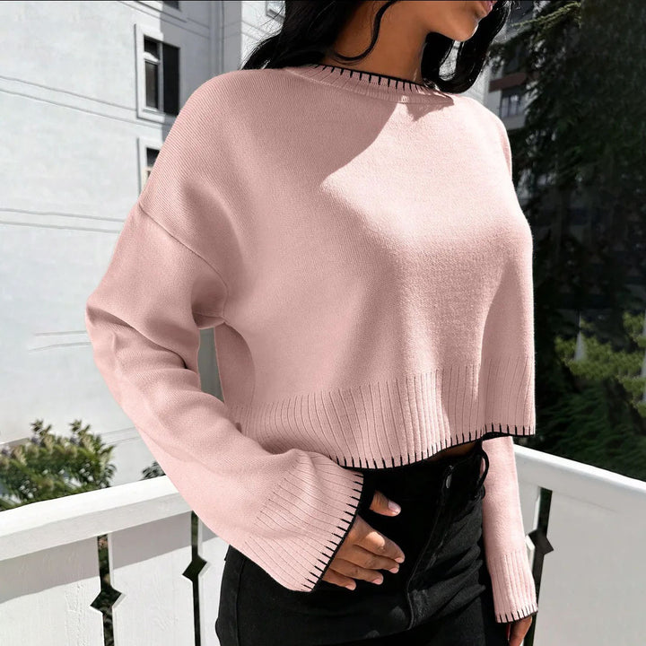 Damen lässiger Kurzpullover mit strukturiertem Saum und modischen Akzenten Drune