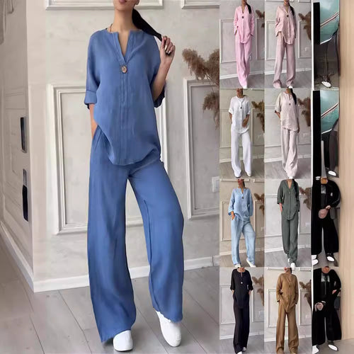 Damen nan lässiges Leinen-Relax-Set mit weiter Hose und Hemdbluse Drune