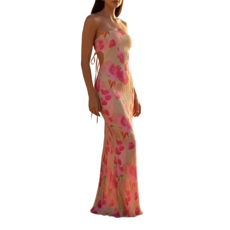 Damen figurbetontes Strapless-Kleid mit floralen Elementen Drune