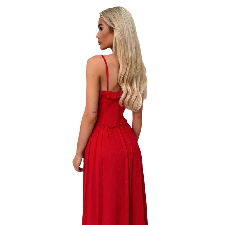 Damen Maxikleid mit zarten Rüschen und verstellbaren Spaghetti-Trägern Drune