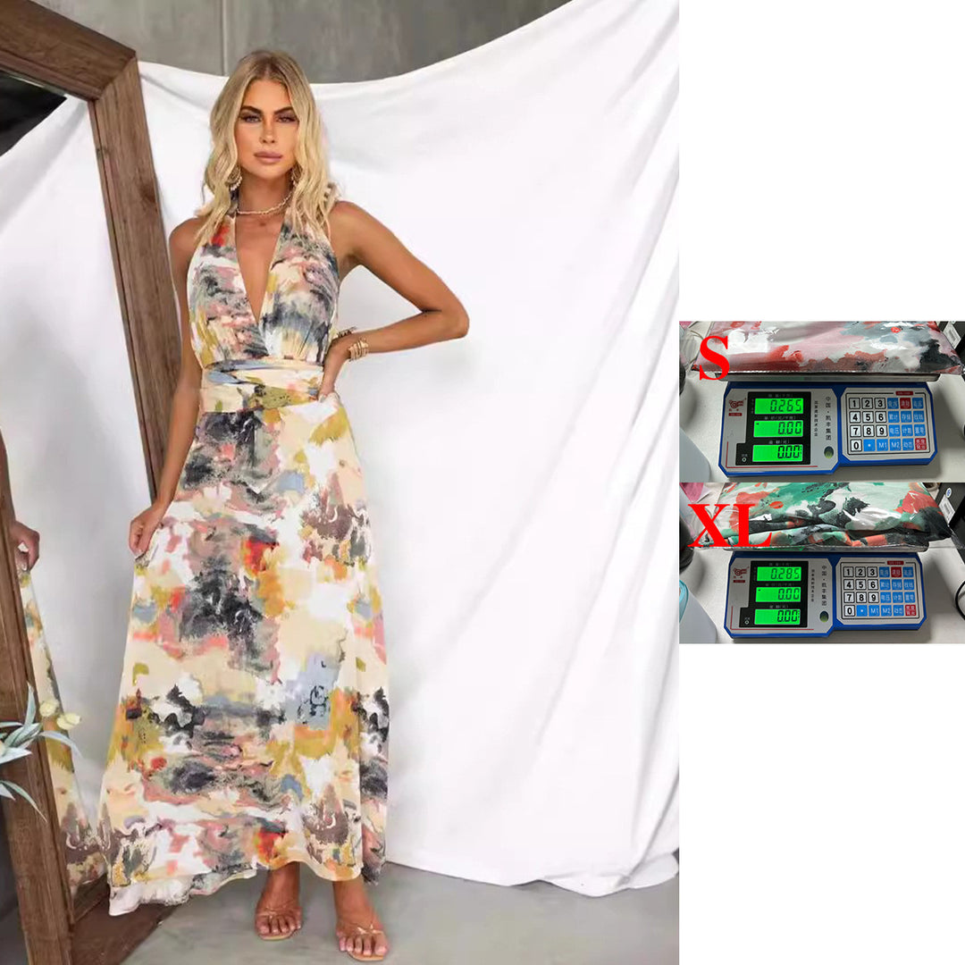 Damen Maxikleid mit tiefem V-Ausschnitt und elegantem Bindegürtel Drune