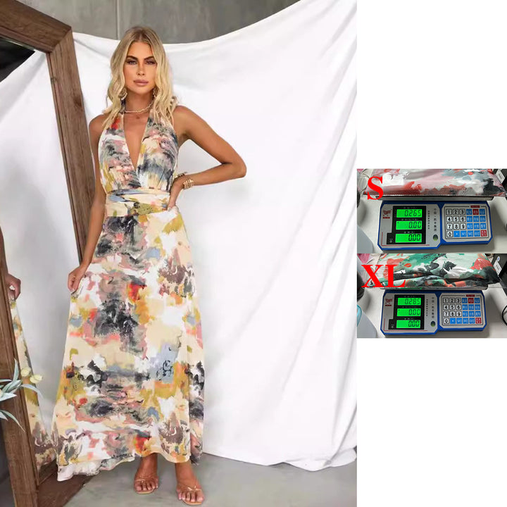 Damen Maxikleid mit tiefem V-Ausschnitt und elegantem Bindegürtel Drune